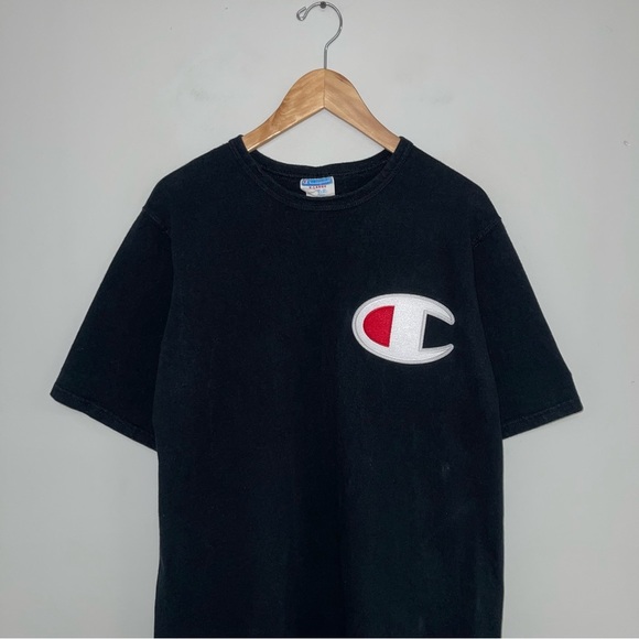 Champion Vintage T-Shirt Men's Size XL Black Big C Logo Patch Short Sleeve Retro - Picture 3 of 7